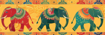Elephants adorned with intricate decorations march vibrantly during an Indian festival, showing cultural richness and festive spirit.の素材