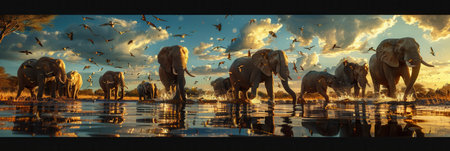 Elephants splash in a shallow marsh, creating ripples at sunset, as birds soar above against a colorful sky.の素材