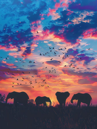 A group of elephants stands together against the backdrop of a stunning sunset, with a colorful sky and birds flying above.の素材