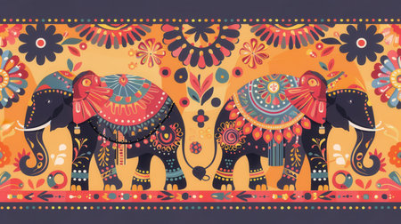 Elaborately decorated elephants parade through the streets, showcasing vibrant colors and intricate patterns during a lively Indian festival.の素材