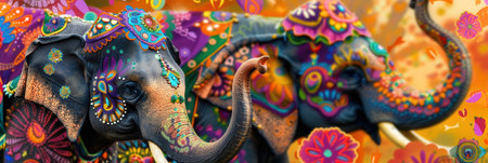 Elephants adorned with intricate decorations parade proudly through the streets during a lively Indian festival, captivating onlookers with their beauty.の素材