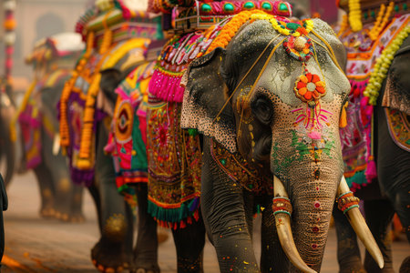 Colorful elephants adorned with intricate decorations parade through the festive streets, showcasing cultural heritage and tradition during the celebration.の素材