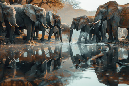 A group of elephants drinks water from a calm pond, reflecting their majestic forms during a peaceful sunset in the African wilderness.の素材