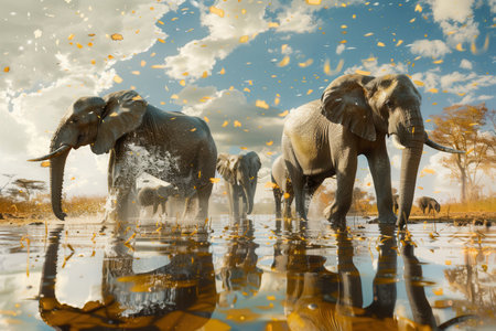 A herd of elephants enjoying a refreshing bath in a tranquil waterhole surrounded by golden grass and a bright blue sky.の素材
