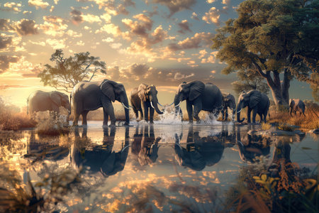 Elephants gather by a serene waterhole, playing and drinking as the sun sets, reflecting a golden glow on the water's surface.の素材