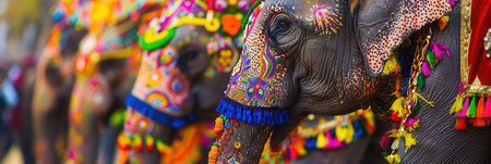 Colorful elephants adorned with intricate decorations march proudly through the streets, captivating festival-goers during the lively Indian celebration.の素材