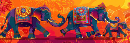 Elephants adorned with intricate decorations march gracefully through the festivities, showing their cultural significance and beauty.の素材
