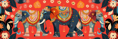 Elaborately adorned elephants showcase their beauty during a vibrant festival in India, celebrating rich traditions and cultural heritage.の素材