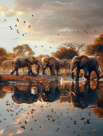 Elephants walk gracefully to a waterhole amid a vibrant sunset, with birds flying above and reflecting in the tranquil waters.の素材