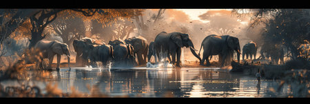 Elephants wade through the calm water, enjoying a peaceful moment as the sun sets behind the trees in a vibrant natural setting.の素材