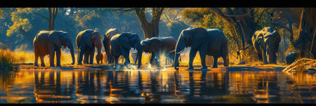 Elephants peacefully drink and socialize at a tranquil waterhole surrounded by lush trees during the golden hour of sunset.の素材