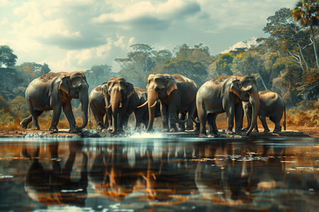 A herd of elephants enjoys the cool water, creating splashes while surrounded by greenery and reflecting in the calm river.の素材
