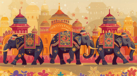 Elephants adorned with intricate decorations walk gracefully during a lively festival, surrounded by colorful architecture and festive atmosphere.の素材