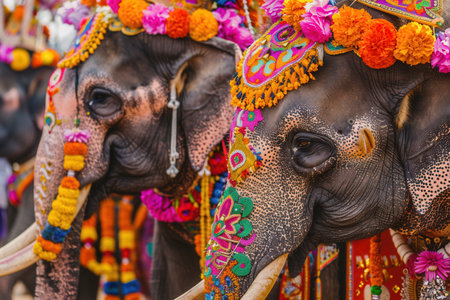 Elephants adorned with colorful decorations march through the streets, showcasing cultural pride during a festive celebration in India.の素材