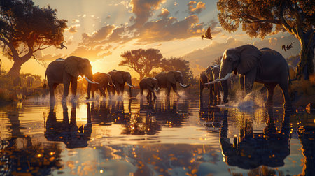 Elephants gather by a tranquil waterhole as the sun sets, reflecting golden hues on the water in a picturesque savanna landscape.の素材