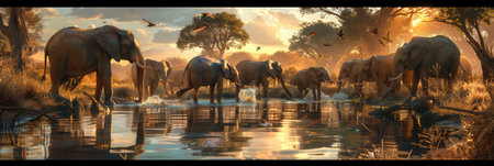 Elephants enjoy an evening drink at a tranquil watering hole, surrounded by lush foliage and an orange sunset sky reflecting on the water.の素材