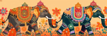 Decorated elephants stroll gracefully through a lively Indian festival, showing intricate patterns and vibrant colors against a festive backdrop.の素材
