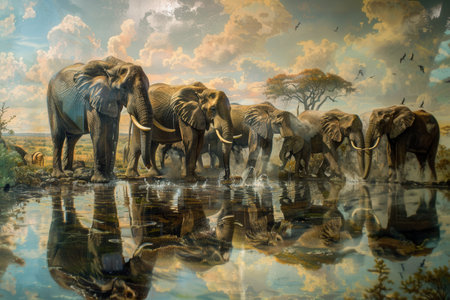 Elephants stroll toward a watering hole, reflecting their majestic forms on the water as the sun sets behind the African horizon.の素材