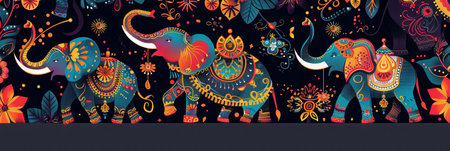 Celebrated elephants adorned with intricate decorations march gracefully through the festival, showing casing cultural heritage and joyful festivities.の素材