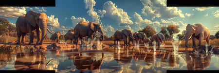 Elephants splash water while drinking at a serene waterhole surrounded by dry grass and trees during a beautiful sunset.の素材