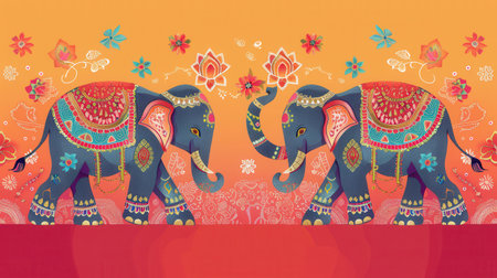 Two intricately adorned elephants walk together, showcasing stunning decorations during a lively Indian festival filled with tradition and celebration.の素材