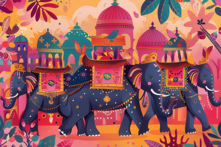 Decorated elephants march in a lively Indian festival, surrounded by colorful architecture and traditional motifs, celebrating cultural heritage and unity.の素材