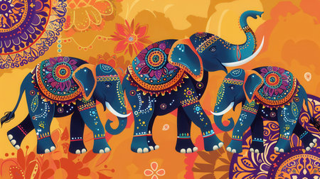 Ornately adorned elephants grace an Indian festival with their vibrant decorations, showcasing rich cultural heritage and festive spirit.の素材