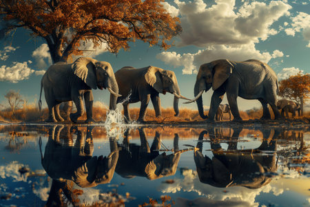 A group of elephants gathers by a tranquil waterhole, reflecting vibrant autumn colors as they enjoy the cool water on a sunny afternoon.の素材