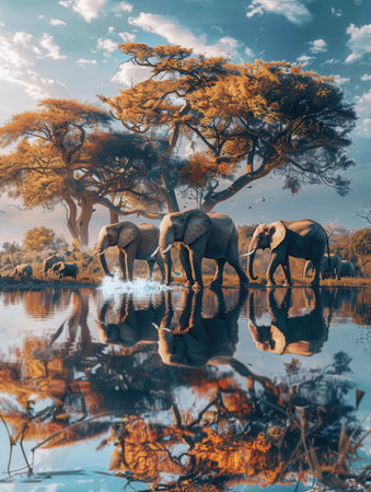 A group of elephants drinks from a serene waterhole, reflecting the colorful trees and sky in the evening light of the savanna.の素材