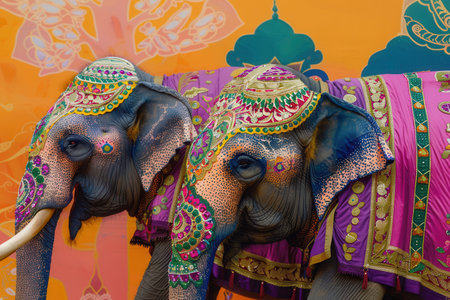 Elegant elephants adorned with intricate decorations parade during a lively Indian festival celebrating culture and tradition.の素材