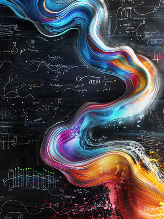 Sweeping waves of colorful chalk strokes blend seamlessly with scientific diagrams and formulas on a textured chalkboard background.の素材