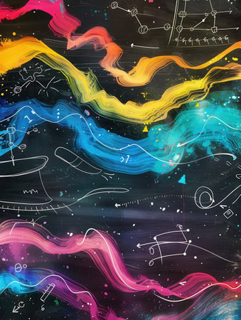Vibrant chalk strokes blend colorful waves with scientific diagrams and formulas, enriching the atmosphere of a creative educational setting.の素材