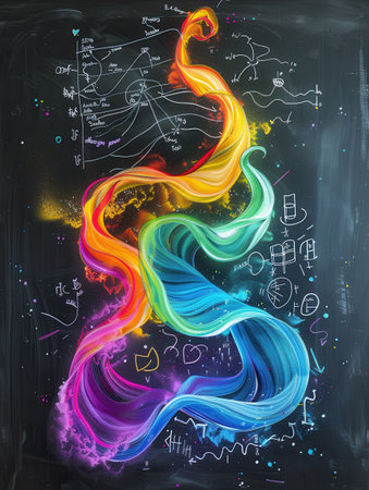 A vibrant display of colorful chalk waves intertwines with scientific formulas and diagrams on a chalkboard during an engaging learning activity.の素材
