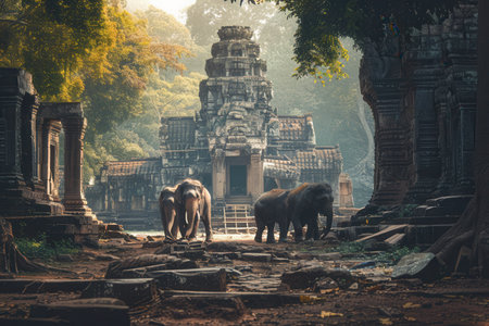 Three elephants roam among the ruins of an ancient temple, surrounded by dense greenery and soft morning light.の素材