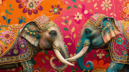 Festively adorned elephants showcase their elaborate decorations during a lively celebration of Indian culture and tradition.の素材