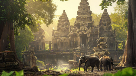 Two elephants stroll through lush greenery near ancient temple ruins during the golden hour of early morning.の素材