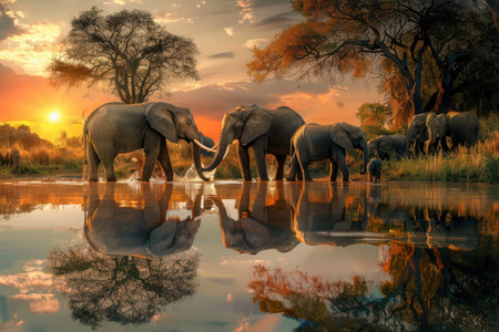 Elephants traverse a calm river at sunset, their reflections shimmering in the water, creating a peaceful tableau in the African wilderness.の素材