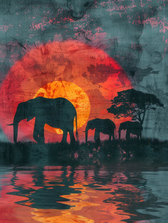 A family of elephants stands near a calm water body, silhouetted against a stunning orange sunset over the savanna.の素材