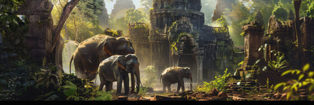 A group of elephants grazes among the remnants of ancient stone structures surrounded by vibrant foliage in a sunlit jungle.の素材