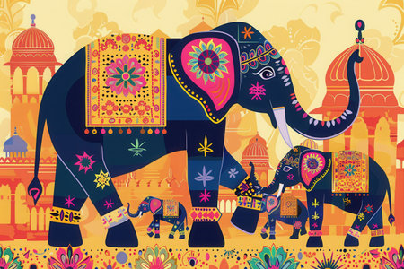 Colorfully adorned elephants parade through a lively Indian festival, showing traditional decorations and cultural significance with joyous festivities.の素材