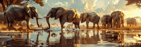 A herd of elephants approaches a tranquil waterhole as the sun sets, creating a breathtaking natural spectacle in the African landscape.の素材