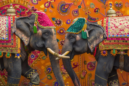 Elephants dressed in colorful decorations participate in a festive Indian celebration, highlighting cultural traditions and vibrant artistry.の素材