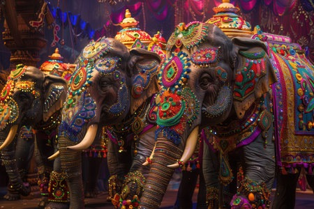 Elephants adorned with intricate decorations march through festivities, showing cultural beauty and tradition during a lively Indian celebration.の素材
