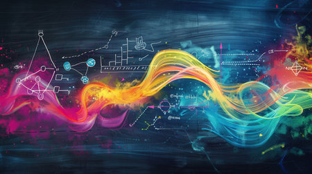 Sweeping colorful chalk strokes flow across a chalkboard, adorned with subtle scientific diagrams and formulas, creating a vibrant learning environment.の素材