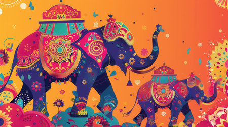 Colorful elephants adorned with intricate decorations participate in a lively Indian festival, showcasing tradition and cultural heritage.の素材