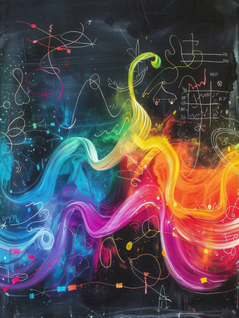 Colorful waves of chalk swirl across a chalkboard, seamlessly blending with scientific formulas and diagrams to enhance learning in a dynamic classroom setting.の素材