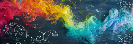 Vibrant chalk strokes create waves on a blackboard, blending art with science through subtle diagrams and formulas in a creative learning environment.の素材