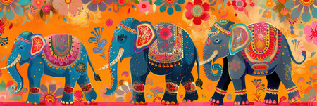 Colorful elephants adorned with intricate decorations participate in a lively Indian festival, showcasing cultural heritage and traditions.の素材