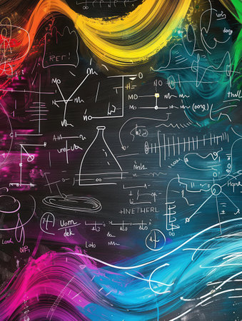 Vibrant chalk strokes with integrated scientific diagrams create an engaging backdrop, perfect for inspiring creativity and learning in the classroom.の素材