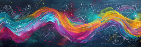A vibrant chalkboard displays waves of colorful chalk strokes, blending scientific diagrams and formulas in an engaging and artistic way.の素材